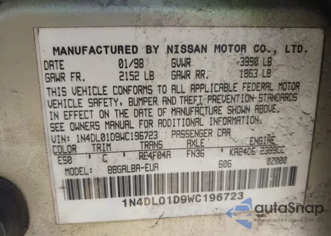 1998 Nissan Altima Gle/Gxe/Se/Xe из США, поврежденный, VIN 1N4DL01D9WC196723